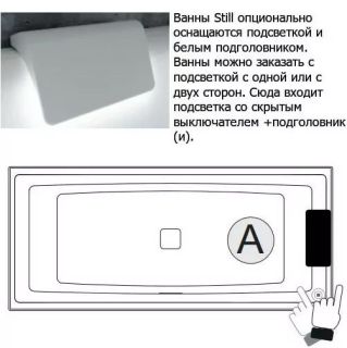 Акриловая ванна с подсветкой Riho Still Square LED Fall B100033005 170х75см светодиоды и подголовник справа заполнение через перелив белый